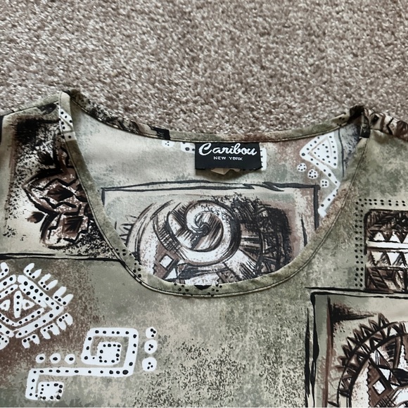 Vintage 90s/Y2K Caribou Tan Green Tribal Pattern Tank Top Womens Size Large Boho - Picture 3 of 15